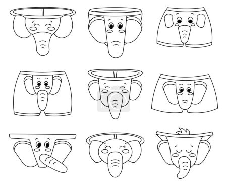 Illustration for Kawaii men elephant g-string. Coloring Page. Funny underwear pants characters. Thong, bikini, briefs, boxer, trunks. Hand drawn style. Vector drawing. Collection of design elements. - Royalty Free Image