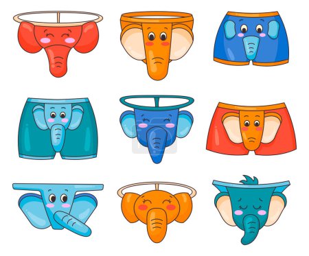 Illustration for Kawaii men elephant g-string. Funny underwear pants characters. Thong, bikini, briefs, boxer, trunks. Hand drawn style. Vector drawing. Collection of design elements. - Royalty Free Image