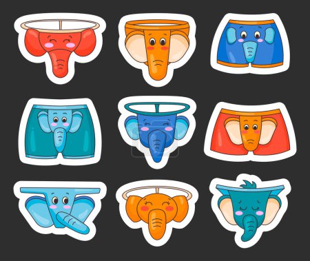 Illustration for Kawaii men elephant g-string. Sticker Bookmark. Funny underwear pants characters. Thong, bikini, briefs, boxer, trunks. Hand drawn style. Vector drawing. Collection of design elements. - Royalty Free Image