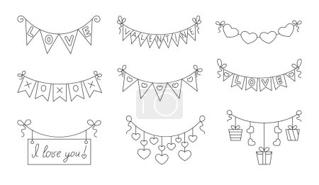 Illustration for Garland of hearts. Coloring Page. Valentines Day decoration. Love and romance. Hand drawn style. Vector drawing. Collection of design elements. - Royalty Free Image