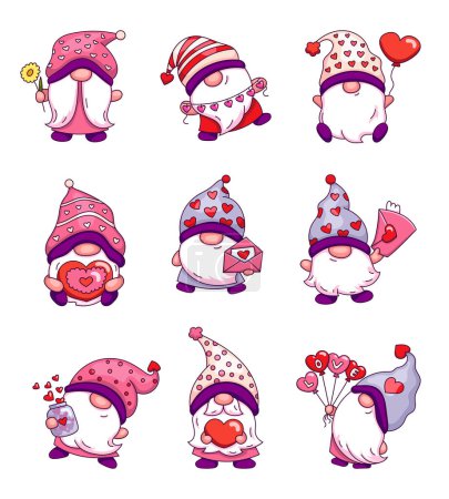 Illustration for Cute love gnomes cartoon characters. Funny romantic elf with hearts, gifts, flowers for Valentines Day and Mothers Day. Hand drawn style. Vector drawing. Collection of design elements. - Royalty Free Image