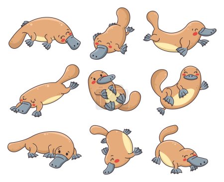Illustration for Cute little platypus. Cartoon funny animal characters. Hand drawn style. Vector drawing. Collection of design elements. - Royalty Free Image