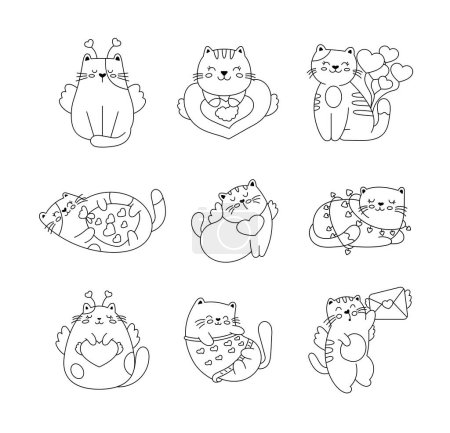 Illustration for Cute cat for Valentines day. Coloring Page. Happy romantic kitten with hearts, love letter. Hand drawn style. Vector drawing. Collection of design elements. - Royalty Free Image