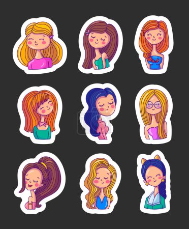Illustration for Cute cartoon girls. Sticker Bookmark. Portrait of a young woman with long wavy hair. Hand style. Vector drawing. Collection of design elements. - Royalty Free Image