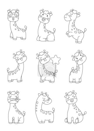 Illustration for Cute kawaii giraffe. Coloring Page. Adorable safari animal cartoon character mascot. Hand drawn style. Vector drawing. Collection of design elements. - Royalty Free Image
