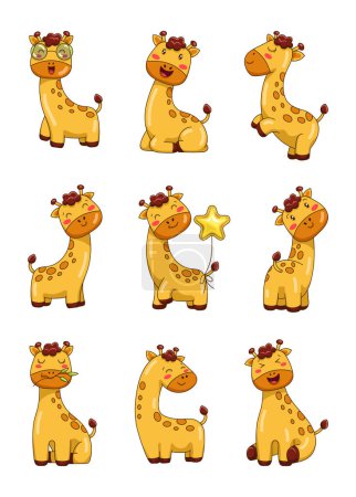 Téléchargez les illustrations : Jolie girafe kawaii. Adorable mascotte de personnage de dessin animé animal safari. Style dessiné à la main. Le dessin vectoriel. Collection d'éléments de design. - en licence libre de droit