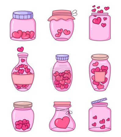 Illustration for Glass jar with love hearts. Happy Valentines Day. Romantic bottle. Hand drawn style. Vector drawing. Collection of design elements. - Royalty Free Image