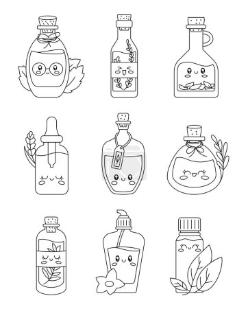 Illustration for Cute happy funny herbal oil bottle. Coloring Page. Kawaii cartoon organic cosmetic characters. Hand drawn style. Vector drawing. Collection of design elements. - Royalty Free Image