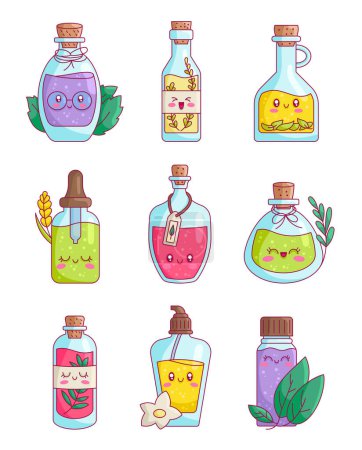 Illustration for Cute happy funny herbal oil bottle. Kawaii cartoon organic cosmetic characters. Hand drawn style. Vector drawing. Collection of design elements. - Royalty Free Image