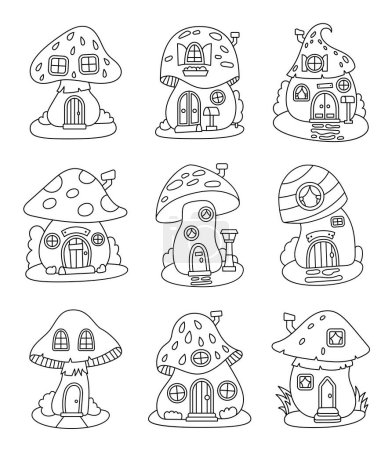 Illustration for Fantasy mushroom house. Coloring Page. Forest fairy home. Food with doors and windows. Hand drawn style. Vector drawing. Collection of design elements. - Royalty Free Image