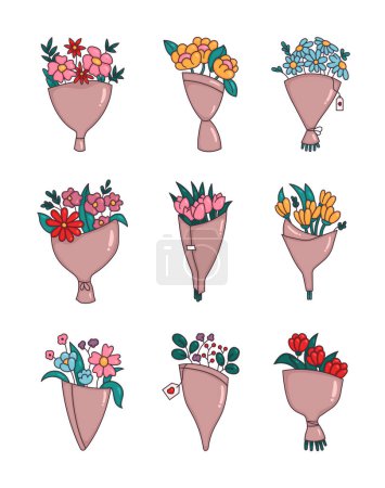 Illustration for Floral bouquets, botanical set leaves, plants, flowers. Spring and blooming. Hand drawn style. Vector drawing. Collection of design elements. - Royalty Free Image