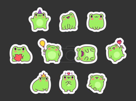 Illustration for Kawaii frog cartoon character. Sticker Bookmark. Cute reptile animal. Hand drawn style. Vector drawing. Collection of design elements. - Royalty Free Image