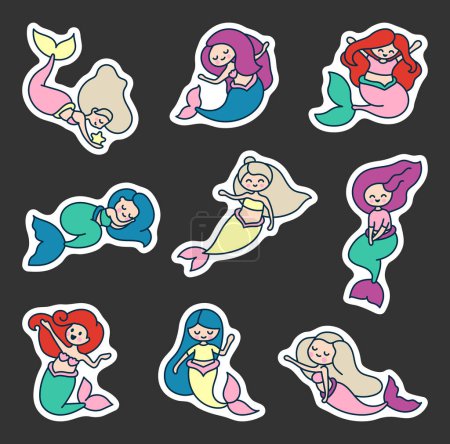 Illustration for Little cute kawaii mermaid. Sticker Bookmark. Marine life cartoon character. Hand drawn style. Vector drawing. Collection of design elements. - Royalty Free Image