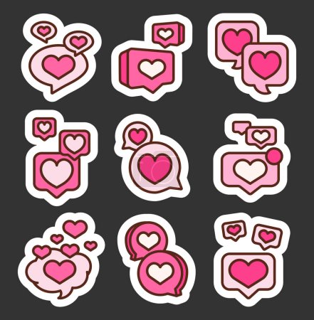 Illustration for Couple love conversation. Sticker Bookmark. Speech bubbles with heart for romantic Valentine Day chat. Like notification. Hand drawn style. Vector drawing. Collection of design elements. - Royalty Free Image