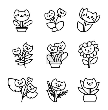 Illustration for Kawaii flower cat. Coloring Page. Cute pet animal cartoon character. Hand drawn style. Vector drawing. Collection of design elements. - Royalty Free Image