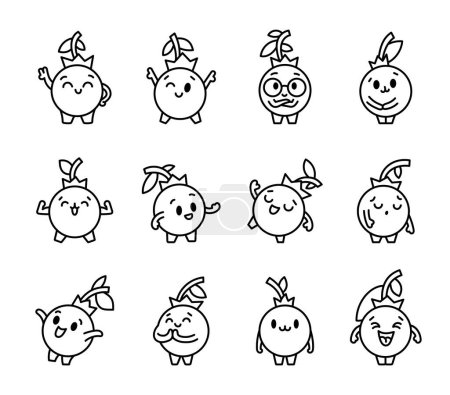Illustration for Kawaii blueberry cartoon character. Coloring Page. Cute fruit in different emotion. Hand drawn style. Vector drawing. Collection of design elements. - Royalty Free Image
