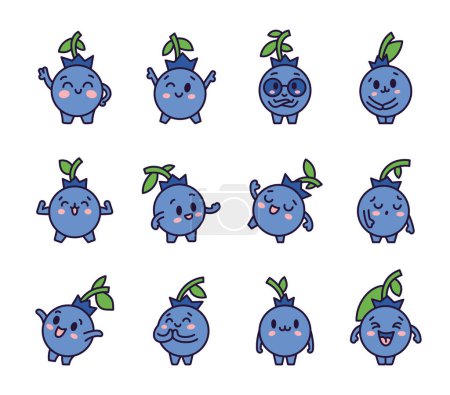 Illustration for Kawaii blueberry cartoon character. Cute fruit in different emotion. Hand drawn style. Vector drawing. Collection of design elements. - Royalty Free Image
