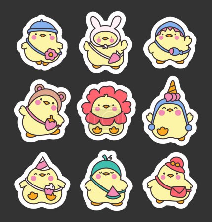 Illustration for Cute kawaii chickens. Sticker Bookmark. Cartoon funny animals character with bag and hat. Hand drawn style. Vector drawing. Collection of design elements. - Royalty Free Image