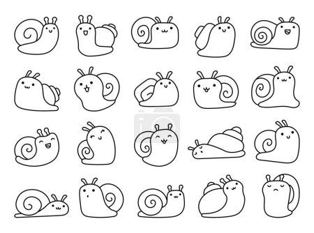 Illustration for Cute cartoon kawaii snails. Coloring Page. Funny insect. Hand drawn style. Vector drawing. Collection of design elements. - Royalty Free Image