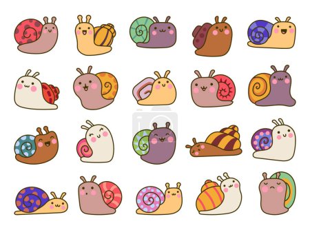 Illustration for Cute cartoon kawaii snails. Funny insect. Hand drawn style. Vector drawing. Collection of design elements. - Royalty Free Image