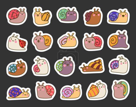 Illustration for Cute cartoon kawaii snails. Sticker Bookmark. Funny insect. Hand drawn style. Vector drawing. Collection of design elements. - Royalty Free Image