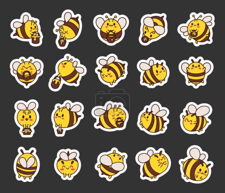 Illustration for Cartoon cute bee character. Sticker Bookmark. Kawaii insect holding honey pot. Hand drawn style. Vector drawing. Collection of design elements. - Royalty Free Image