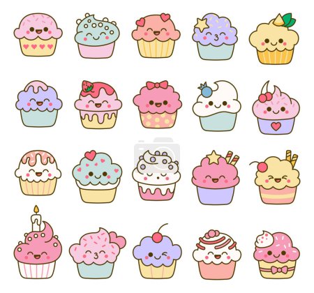 Illustration for Funny kawaii cupcakes. Cute sweet food dessert characters. Hand drawn style. Vector drawing. Collection of design elements. - Royalty Free Image