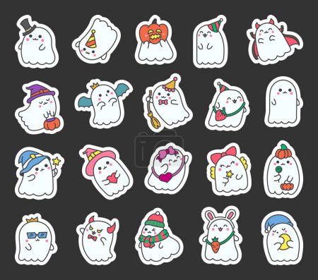 Illustration for Cute kawaii ghost in Halloween party. Sticker Bookmark. Cartoon spooky character. Hand drawn style. Vector drawing. Collection of design elements. - Royalty Free Image