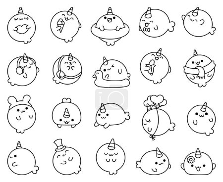 Illustration for Cute baby kawaii whale. Coloring Page. Cartoon marine life animals. Hand drawn style. Vector drawing. Collection of design elements. - Royalty Free Image