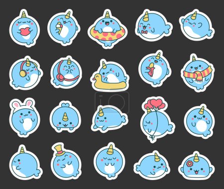Illustration for Cute baby kawaii whale. Sticker Bookmark. Cartoon marine life animals. Hand drawn style. Vector drawing. Collection of design elements. - Royalty Free Image