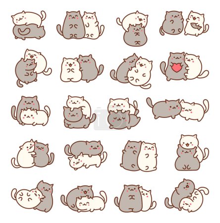 Illustration for Collection of two lovely little cats. Cute kawaii twin kittens. Hand drawn style. Vector drawing. Collection of design elements. - Royalty Free Image