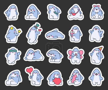 Illustration for Cute kawaii shark. Sticker Bookmark. Cartoon funny underwater marine animals character. Hand drawn style. Vector drawing. Collection of design elements. - Royalty Free Image