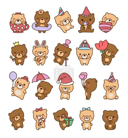 Illustration for Cute kawaii teddy bear. Cartoon funny animals character. Hand drawn style. Vector drawing. Collection of design elements. - Royalty Free Image