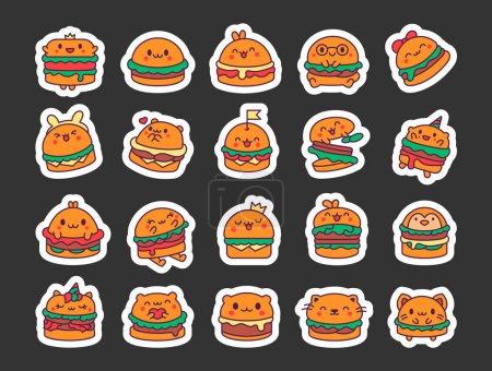 Téléchargez les illustrations : Joli burger d'animaux kawaii. Sticker Signet. Drôle de nourriture. Dessin animé cheeseburger. Style dessiné à la main. Le dessin vectoriel. Collection d'éléments de design. - en licence libre de droit