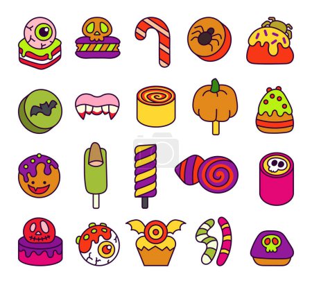 Illustration for Halloween sweet candies. Party food. Hand drawn style. Vector drawing. Collection of design elements. - Royalty Free Image