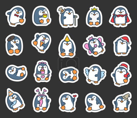 Illustration for Cute kawaii penguin. Sticker Bookmark. Beautiful animals cartoon character. Hand drawn style. Vector drawing. Collection of design elements. - Royalty Free Image
