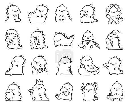 Téléchargez les illustrations : Cute kawaii baby dragon. Coloring Page. Funny little dinosaur cartoon character. Hand drawn style. Vector drawing. Collection of design elements. - en licence libre de droit