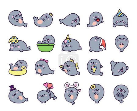 Illustration for Cute kawaii baby seals. Funny cartoon characters arctic and antarctic animals. Hand drawn style. Vector drawing. Collection of design elements. - Royalty Free Image