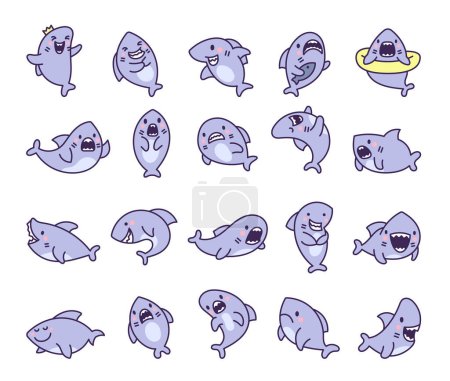 Illustration for Funny kawaii ocean shark. Smiling jaws and comic marine animals character. Hand drawn style. Vector drawing. Collection of design elements. - Royalty Free Image