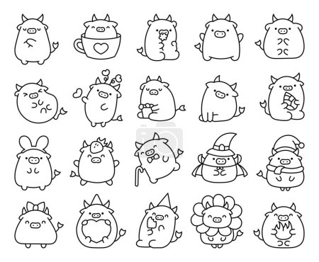 Illustration for Cute cartoon kawaii cow. Coloring Page. Animal funny characters. Hand drawn style. Vector drawing. Collection of design elements. - Royalty Free Image