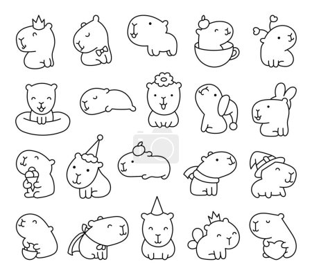 Illustration for Cute cartoon kawaii capybara. Coloring Page. Animal funny characters. Hand drawn style. Vector drawing. Collection of design elements. - Royalty Free Image