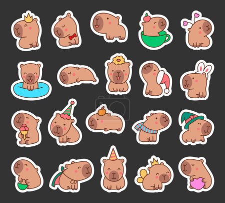 Téléchargez les illustrations : Mignon dessin animé kawaii capybara. Sticker Signet. Animaux personnages drôles. Style dessiné à la main. Le dessin vectoriel. Collection d'éléments de design. - en licence libre de droit