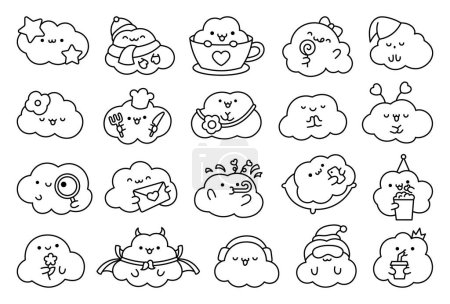 Illustration for Cute kawaii funny clouds. Coloring Page. Cartoon weather character in different poses. Hand drawn style. Vector drawing. Collection of design elements. - Royalty Free Image