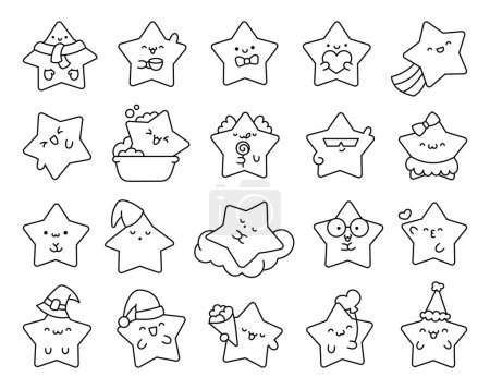 Illustration for Cute kawaii stars character with different happy expression activity. Coloring Page. Hand drawn style. Vector drawing. Collection of design elements. - Royalty Free Image