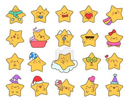 Illustration for Cute kawaii stars character with different happy expression activity. Hand drawn style. Vector drawing. Collection of design elements. - Royalty Free Image