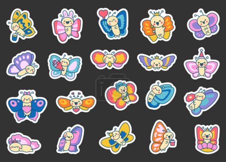 Illustration for Adorable kawaii baby butterflies. Sticker Bookmark. Cute cartoon insects with wings. Hand drawn style. Vector drawing. Collection of design elements. - Royalty Free Image