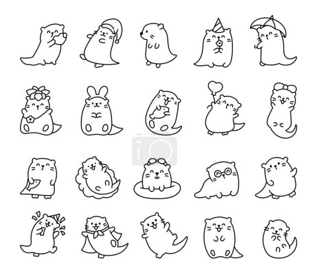 Illustration for Cute cartoon kawaii otter. Coloring Page. Animal funny characters. Hand drawn style. Vector drawing. Collection of design elements. - Royalty Free Image
