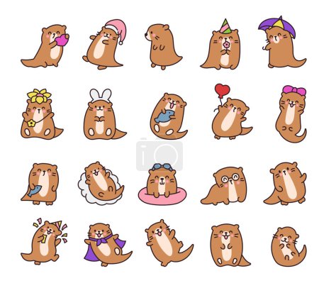 Illustration for Cute cartoon kawaii otter. Animal funny characters. Hand drawn style. Vector drawing. Collection of design elements. - Royalty Free Image