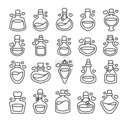 Illustration for Love potion. Coloring Page. Stoppered glass bulb with heart. Aphrodisiac flask. Valentine's day. Hand drawn style. Vector drawing. Collection of design elements. - Royalty Free Image
