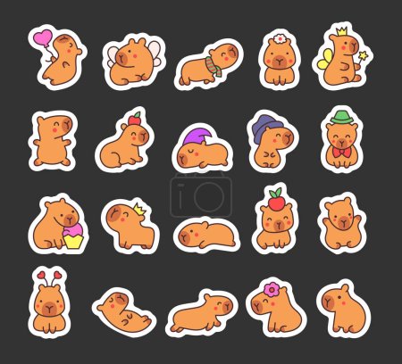 Kawaii happy capybara. Sticker Lesezeichen vorhanden. Nette Cartoon lustige Tiere Charakter. Handgezeichneter Stil. Vektorzeichnung. Sammlung von Gestaltungselementen.